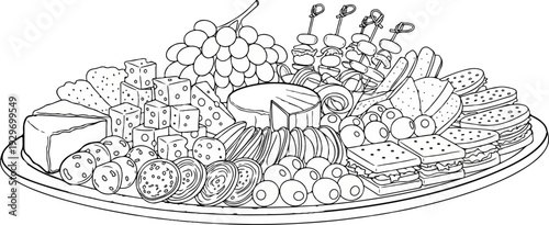 A bountiful platter filled with assorted cheeses, grapes, sliced meats, and tiny sandwiches