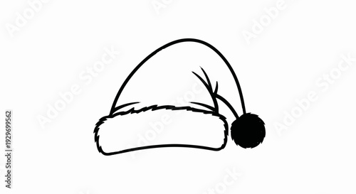 Black and white line art illustration of a Santa hat with a fuzzy trim and pom-pom
