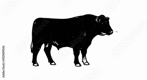 A black bull is depicted standing, its body solid black with a stylized outline and some white markings