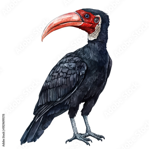 Abyssinian Ground Hornbill, watercolor vector portraying a joyful pose with colorful highlights, isolated on a white background.