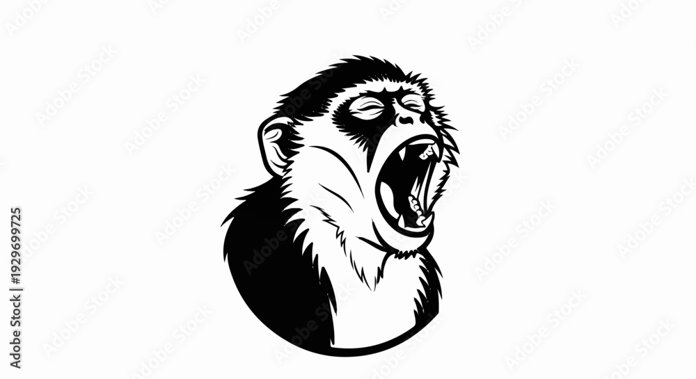 Fototapeta premium A stylized, roaring monkey head with its mouth wide open, sharp teeth visible