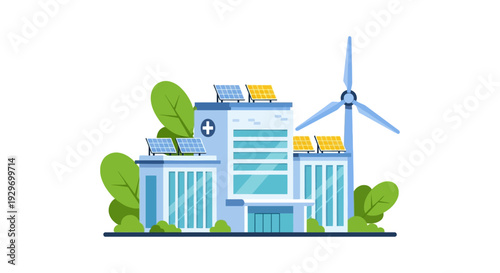 Eco-Friendly Hospital Building with Solar Panels & Wind Turbine. Green Healthcare, Renewable Energy & Sustainable Medical Facility Illustration.