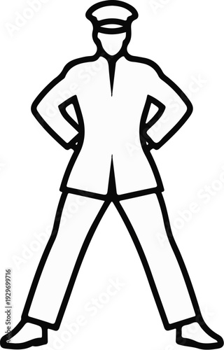 A person in a cap and jacket, with hands on hips, legs spread wide