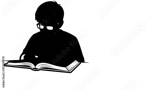 Silhouette of a person with glasses reading an open book
