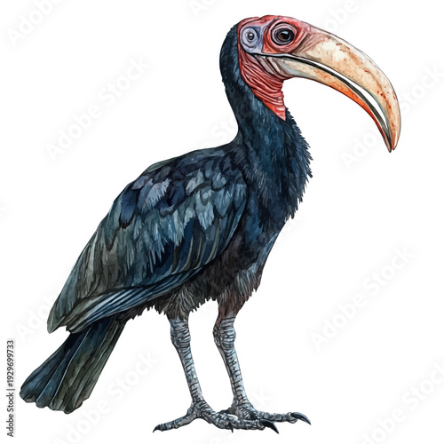 Abyssinian Ground Hornbill, watercolor painting capturing graceful lines and soft blended shades, isolated on a white background.