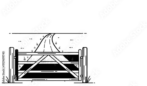 A wooden gate with a curved road leading into a field beyond