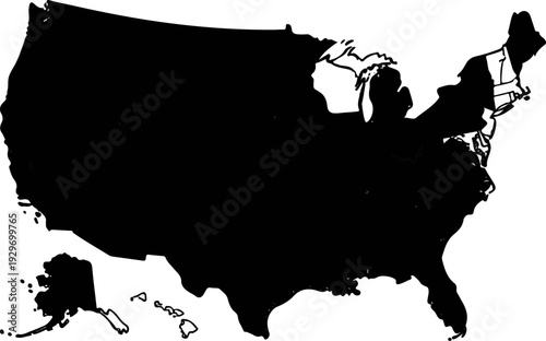 Silhouette map of the United States, including Alaska and Hawaii, in black and white