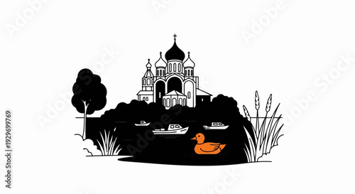 Stylized depiction of a domed religious building overlooking a tranquil lake with boats and a lone duck