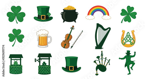 Lively Expressive Set of 15 St Patricks Day Vector Silhouettes in Emerald Greens and Gold. transparent.