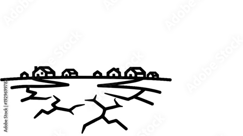 Cracked ground beneath a row of simple houses on a horizontal line