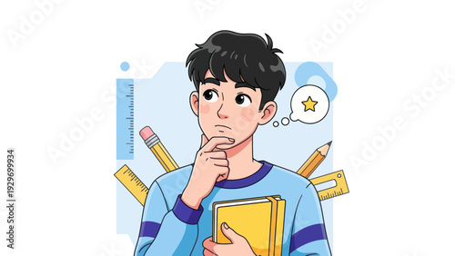 Young man pondering with school supplies and thought bubble illustration