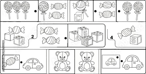 Line art depicting counting activities with candies, blocks, and toys