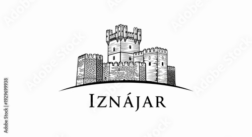 A black and white line drawing of a fortified castle with a curved base and text below