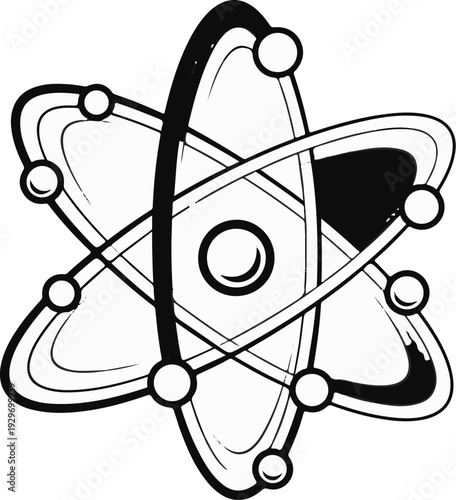 Stylized atomic model with orbiting electrons and central nucleus