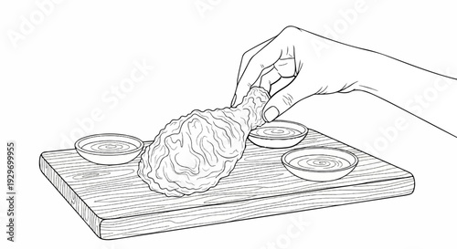 Hand dipping fried chicken leg into small bowls of sauce on a wooden board