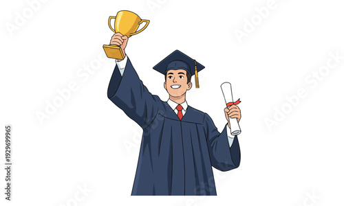 Male Graduate Holding Golden Trophy and Diploma, Celebrating Success