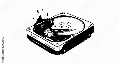 A damaged computer hard drive shows a spill and melting components