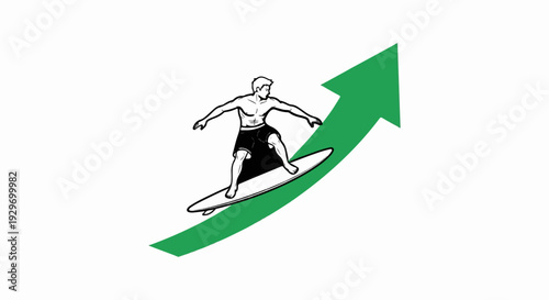 Surfer on surfboard rides green arrow upward