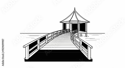 Curved wooden walkway leads to an open-air pagoda structure over water