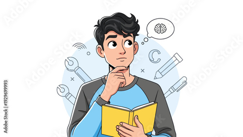 Young man pondering with thought bubble and book concept illustration