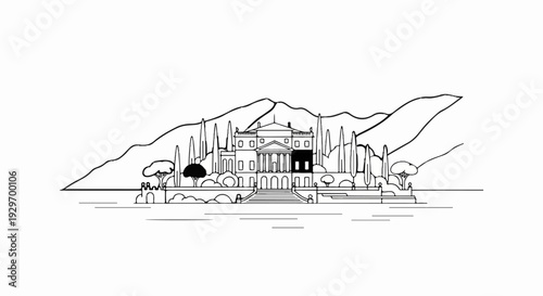 Elegant villa with steps and trees, set against rolling hills and water