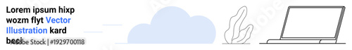 Digital workspace, cloud computing, remote work, minimal design, technology trends, online communication. A laptop next to a plant and a cloud graphic. Digital workspace and cloud computing concept