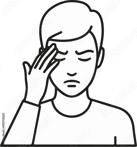 Line art of a person with eyes closed and hand on forehead