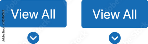 Modern blue view all button interface design with dropdown arrow icon, rounded rectangle web UI element isolated on light background