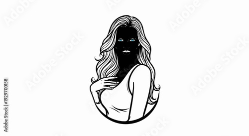 Stylized woman with flowing hair and striking blue eyes, wearing a simple dress