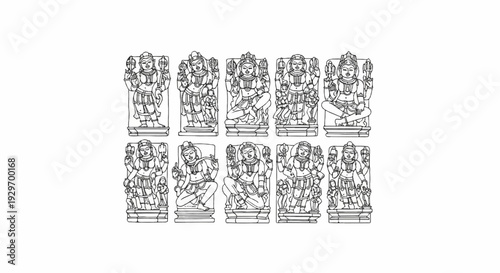 Ancient figures depicted in a line, multiple arms, ornate headdresses, seated, standing