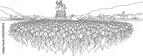 A line drawing depicts a dense field of tulips leading to a city skyline with a statue