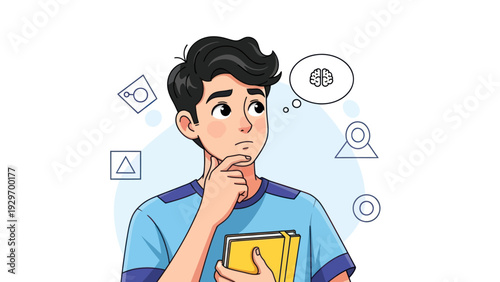 Young man pondering with thought bubble and concept icons illustration