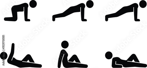 Push up and sit up exercise silhouette icon set, fitness workout positions collection isolated on white background for gym training design