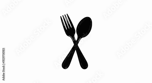 Black silhouette of a fork and spoon crossed over white background