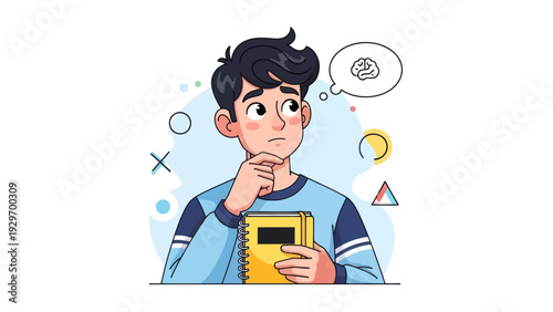 Young man pondering with thought bubble and notebook vector illustration