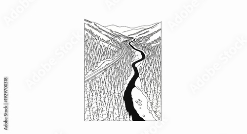A winding river flows through a dense, snow-covered forest with a road beside it