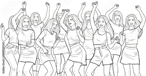 A diverse group of smiling young women dance joyfully with arms raised in celebration