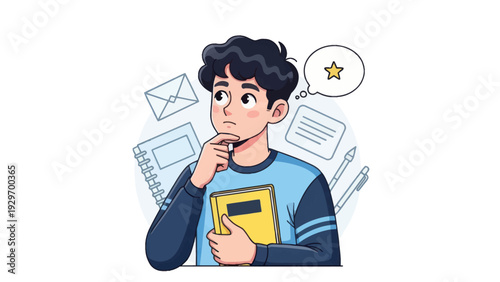 Young man pondering with thought bubble and office supplies illustration