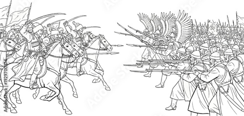 Mounted warriors with swords clash with riflemen bearing large feathered helmets