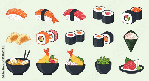 Variety of sushi and japanese food items on a light background including rolls sashimi and bowls