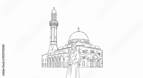 Islamic woman in hijab stands before a mosque with a tall minaret and dome