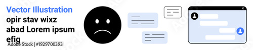 Social media, online communication, digital safety, cyberbullying, negative emotions, virtual interaction. Sad face alongside chat bubbles and a message window. Cyberbullying and online communication