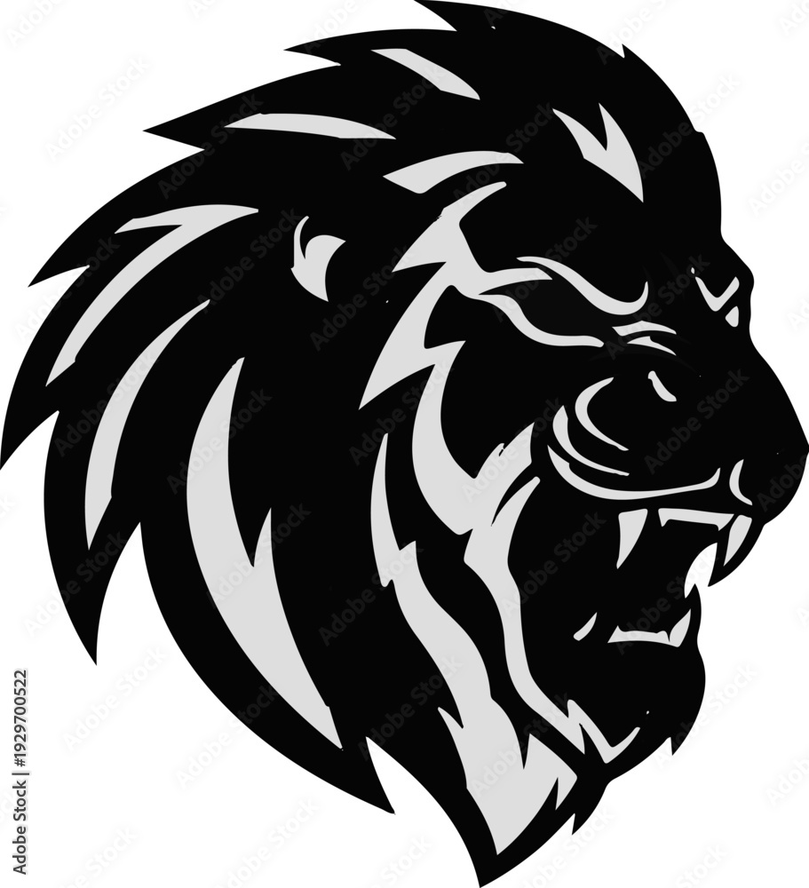 custom made wallpaper toronto digitalFierce lion's head, roaring with sharp teeth and flowing mane, black and white