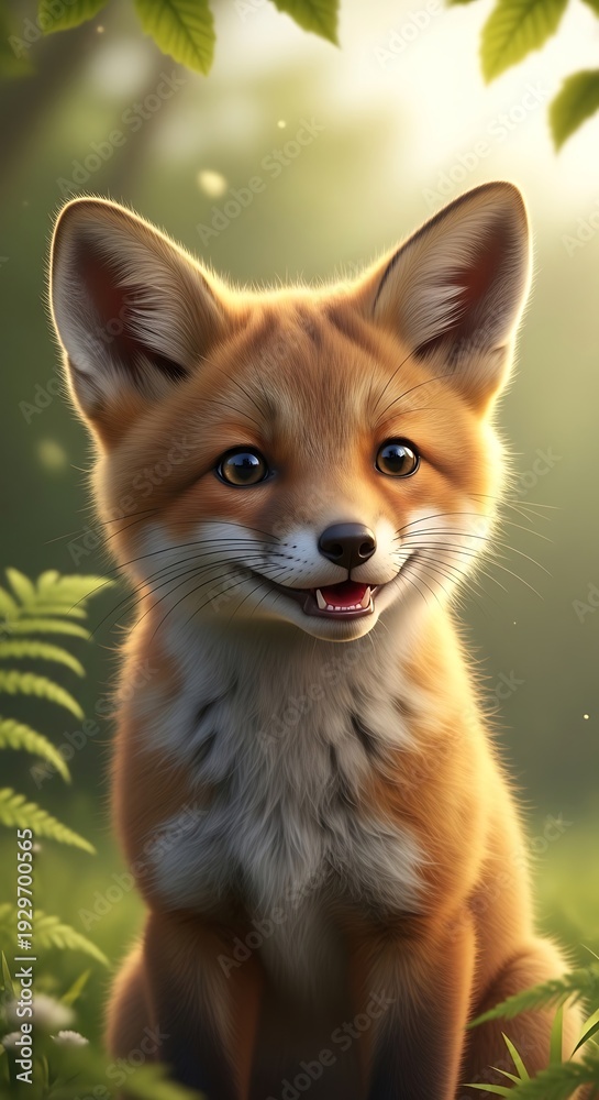 Fototapeta premium Cute Red Fox in Green Forest.