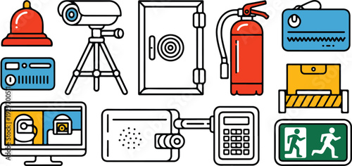Security and safety vector icons set featuring key card, camera, barrier, exit sign, and other protective elements.