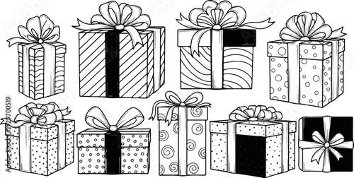 Assortment of hand-drawn, decorated gift boxes with ribbons and bows