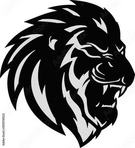 Wallpaper Mural Fierce lion's head, roaring with sharp teeth and flowing mane, black and white Torontodigital.ca