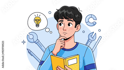 Young man pondering with thought bubble and tools for innovation