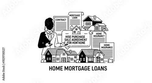 Illustration of mortgage loans and home buying process with agent, houses, and documents