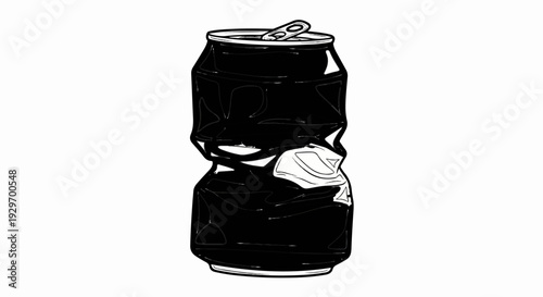 A crumpled black soda can with the tab pulled open, isolated on white